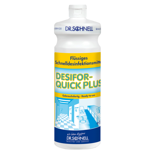 Eine weiße 1L Flasche der DR.SCHNELL GmbH & Co. KGaA DESIFOR-QUICK PLUS Flächendesinfektion, begrenzt viruzides Medizinprodukt, mit gelb-blauem Etikett und weißem Verschluss-ideal für die hygienische Reinigung und begrenzten viruziden Schutz.