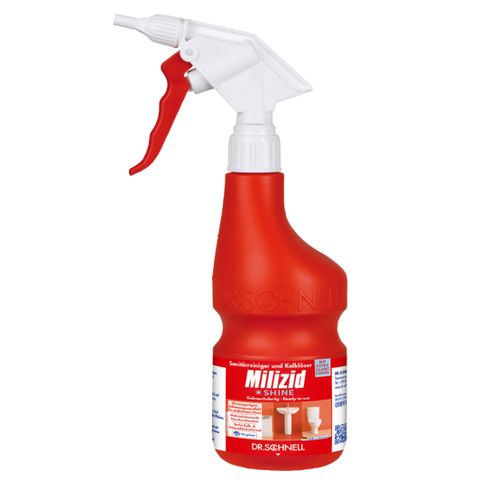 Ein roter Dr. Schnell Handsprüher leer 600 ml von DR.SCHNELL GmbH & Co. KGaA mit blau-weiß-rotem deutschem Etikett zur Verwendung als Reinigungsmittel.