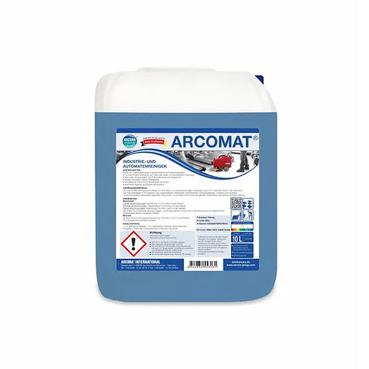 Ein 10-Liter-Kanister Arcora Arcomat Industrie- und Automatenreiniger der Arcora International GmbH enthält blaue Flüssigkeit und ist mit deutschen Anwendungshinweisen, Gefahrensymbolen und Produktinformationen für die industrielle Reinigung versehen.