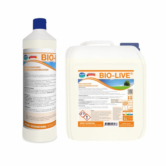 Eine weiße Flasche und ein 5-Liter-Behälter von Arcora BIO-LIVE Biologischer Reiniger und Geruchstilger von Arcora International GmbH, mit orange/blauen Etiketten - ideal für umweltfreundliche Reinigung und effektive Geruchsentfernung.