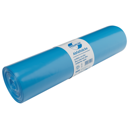 Eine Rolle DEISS 10306 Müllsäcke (800x1000 mm, Typ 70, blau, 25 Stück) von EMIL DEISS KG (GmbH + Co.) mit blau-weißem Etikett, ideal für die gewerbliche Abfallentsorgung, abgebildet auf weißem Hintergrund.