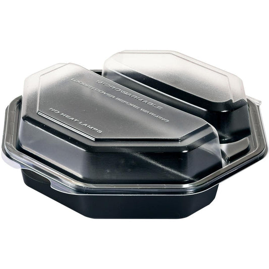 Der Octaview® 2 Lebensmittelbehälter der Duni GmbH hat einen modernen schwarzen Boden und einen klaren Deckel (PS, 190x190x60 mm), der auf weißem Hintergrund abgebildet ist. Sein rechteckiges Design hat abgerundete Kanten und erhabene Abschnitte auf dem transparenten Deckel. Packung: 290 Stück.