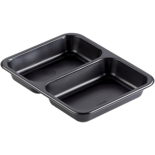 Die PP-Schale Caterline 2 Schwarz PP 227x178 von Duni GmbH ist eine rechteckige Schale mit zwei abgerundeten Fächern, ideal für Catering-Events und wird auf weißem Hintergrund präsentiert.