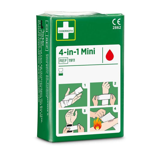 Eine grüne Schachtel mit der Aufschrift "Cederroth 4-in-1 mini blutstopper" von Orkla Wound Care AB, mit einem roten Tropfensymbol und einer bebilderten vierstufigen Anleitung zum Anlegen des Verbandes an Händen oder Armen, einschließlich der Behandlung von Verbrennungen.