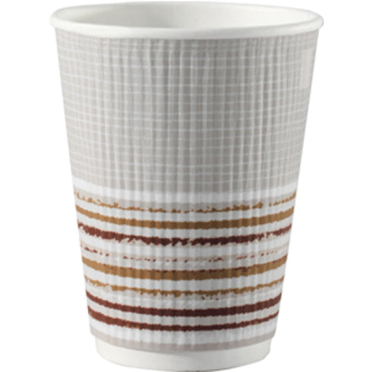Der Triple Wall Stripe Thermobecher 350 ml von Duni GmbH aus PAP/PLA ist weiß mit strukturierter Oberfläche und braun-beige-roten Streifen am Boden. Das umweltfreundliche 30er-Pack wurde vor einem schlichten weißen Hintergrund fotografiert.