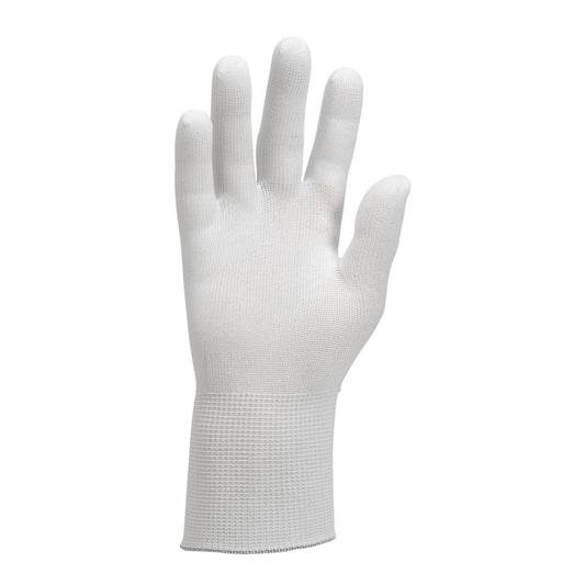 Ein einzelner KleenGuard® G35 Nylon-Handschuh (24 cm, beidhändig tragbar) von Kimberly-Clark GmbH wird aufrecht mit ausgestreckten Fingern auf weißem Hintergrund gezeigt. Der weiße Schutzhandschuh hat glatte Oberfläche und elastischen Bund.