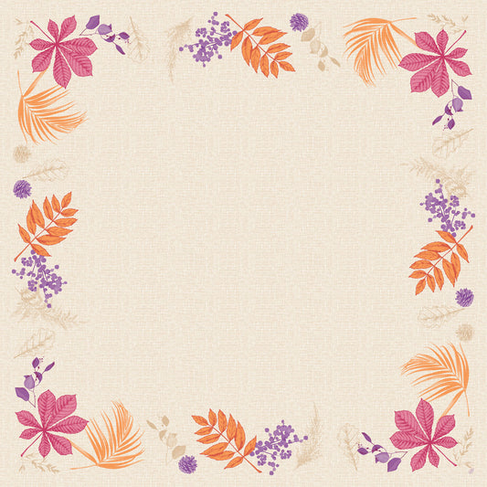 Die quadratische beigefarbene Dunicel-Mitteldecke 84x84 "Bright Autumn" von Duni GmbH zeigt eine Bordüre aus Herbstblättern, orangefarbenen Zweigen und lila Blüten - ideal als dekorativer Tischschmuck. Packung: 20 Stück.