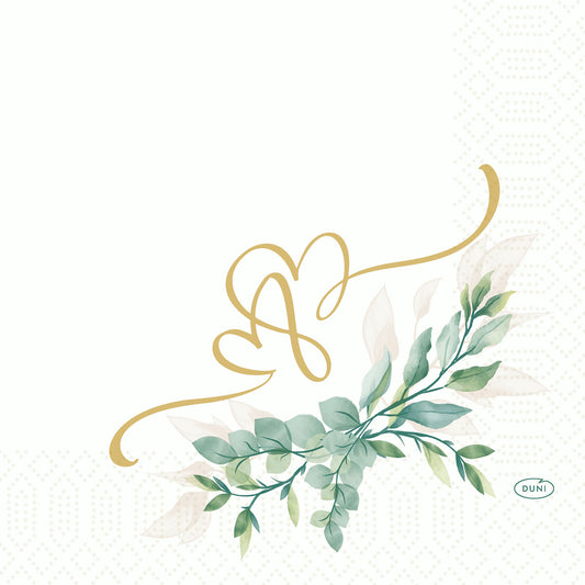 Ein goldenes kalligrafisches Herz über grünen Aquarellblättern ziert die untere rechte Seite dieser Duni GmbH Love Hearts Zellt.-Servietten 33x33 cm, 3-lagig (Packung mit 50), mit dezent gepunktetem weißen Hintergrund und dem Duni-Logo in der Ecke.