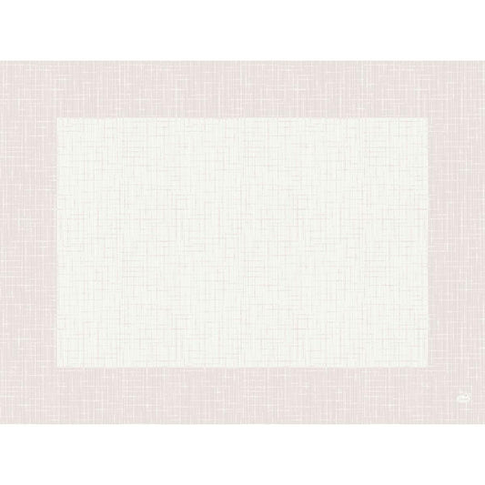 Ein rechteckiges Bild mit hellrosa Rand und weißer Mitte, beide mit einem gewebten Gittermuster, inspiriert zu einer umweltfreundlichen Tischdekoration mit den Bio-Dunicel-Sets 30x40 Linnea weiß-hochwertige Tischsets (100 Stück) der Duni GmbH. Ein kleines weißes Logo befindet sich unten rechts.