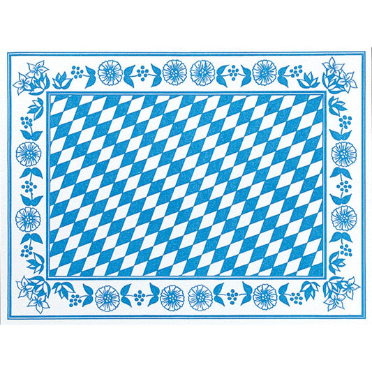 Die Dunicel Tischsets 30x40 cm Bayer Raute von Duni GmbH zeigen ein blau-weißes Rautenmuster mit blauen Blüten und Blättern auf weißem Hintergrund - perfekt für elegante Anlässe. Packung mit 100 Stück.