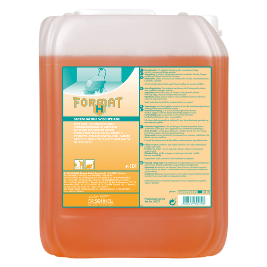 Ein 10-Liter-Behälter aus durchsichtigem Kunststoff mit orangefarbener Flüssigkeit und der Aufschrift "FORMAT HAT" enthält Dr. Schnell FORMAT H Intensivreiniger von DR.SCHNELL GmbH & Co. KGaA, mit Produkt-, Sicherheits- und Anwendungshinweisen in deutscher Sprache für den professionellen Einsatz.