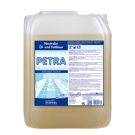 Ein 10-Liter-Kunststoffbehälter von Dr. Schnell PETRA Öl- und Fettlöser für Oberflächen der DR.SCHNELL GmbH & Co. KGaA, mit blau-weißem Etikett, zur konzentrierten Öl- und Fettentfernung.