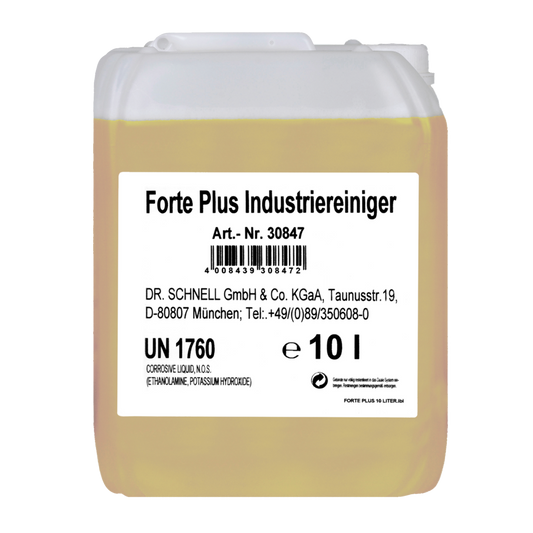Ein 10-Liter-Transluzenzbehälter von Dr. Schnell FORTE PLUS INDUSTRIEREINIGER der DR.SCHNELL GmbH & Co. KGaA mit weißem Etikett mit Produkt-/Herstellerangaben, UN 1760 und Sicherheitshinweisen; gelbe Flüssigkeit für Industrie Reinigung und starke Verschmutzungen.