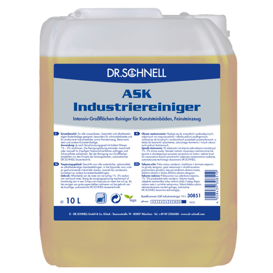 Ein 10-Liter-Kunststoffbehälter von Dr. Schnell ASK INDUSTRIEREINIGER der DR.SCHNELL GmbH & Co. KGaA, ein professioneller Öl- und Fettreiniger für Kunstböden und Feinsteinzeug, mit Produktinformation und Anwendungshinweisen in deutscher Sprache auf dem Etikett.