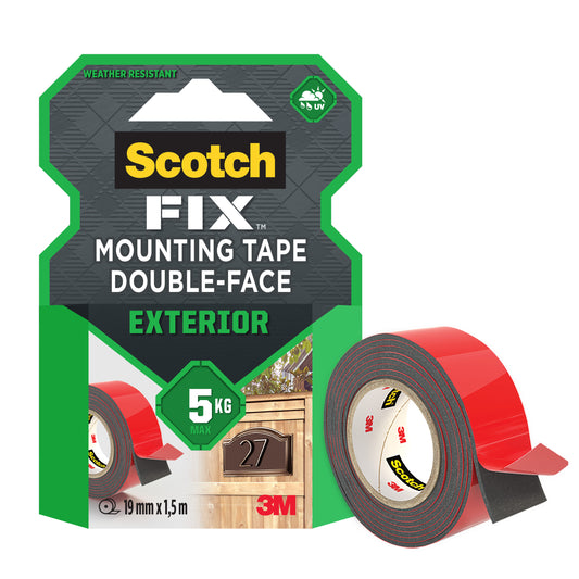 Eine Packung 3M Deutschland GmbH Scotch-FIX™ Exterior Double-Sided Mounting Tape 5412-1915-P (19 mm x 1,5 m, 1 Rolle), mit Witterungsbeständigkeit, bis zu 5 kg Halt und sichtbarem 3M Logo.