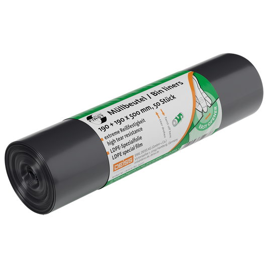 Eine Rolle DEISS 34502 Müllsäcke (50 Stück, grau) der EMIL DEISS KG ist mit einem grün-weißen deutsch/englischen Etikett versehen, das eine Hand beim Ziehen eines Beutels zeigt und die Reißfestigkeit, die LDPE-Spezialfolie und die Eignung für die Abfallentsorgung hervorhebt.