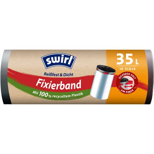 Eine Rolle Swirl Fixierband-Müllbeutel 35 l Reißfest & Dicht von Melitta Europa GmbH & Co. KG, mit elastischem Fixierband, fasst 10 Beutel/Rolle (100 % recycelter Kunststoff), mit Mülltonnenbild und rot-grüner deutscher Verpackung.