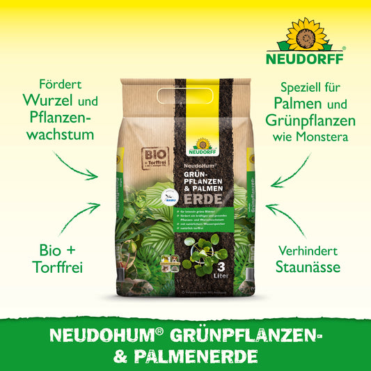 Ein Beutel mit NeudoHum Grünpflanzen- & PalmenErde von Neudorff Shop steht aufrecht, mit grünem und gelbem Branding. Der Text hebt die Vorteile für das Wurzel- und Pflanzenwachstum, die natürliche Wasserspeicherung und die Eignung für Zimmerpflanzen und Palmen hervor.