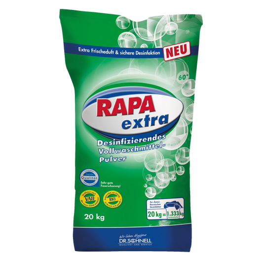 Ein grüner 20 kg Sack Dr. Schnell RAPA EXTRA Wäschedesinfektion manuelle Dosierung der DR.SCHNELL GmbH & Co. KGaA, mit deutscher Info, weißen Luftblasen, Frische-Highlights, Gütesiegeln, Branding und Anwendungshinweisen auf der Verpackung.