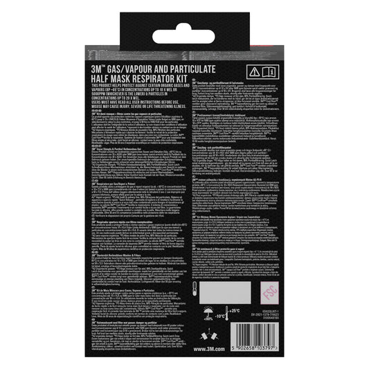 Die Rückseite einer 3M™ Halbmasken-Gehäuse 6200 wiederverwendbar, mittelgroß (1 Stück, 3M Deutschland GmbH) Verpackung zeigt Produktinformationen, Anweisungen, Warnhinweise und den Barcode in weißer Schrift auf schwarzem Hintergrund.