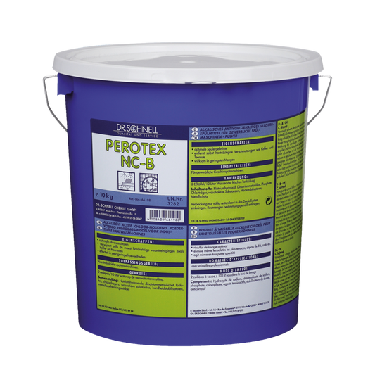 Ein blauer 10-kg-Kunststoffeimer mit der Aufschrift "Dr. Schnell PEROTEX NC-B" enthält einen chlorhaltigen Geschirrreiniger für gewerbliche Spülmaschinen von DR.SCHNELL; das mehrsprachige Etikett enthält Produktinfos, Anweisungen und Warnhinweise.
