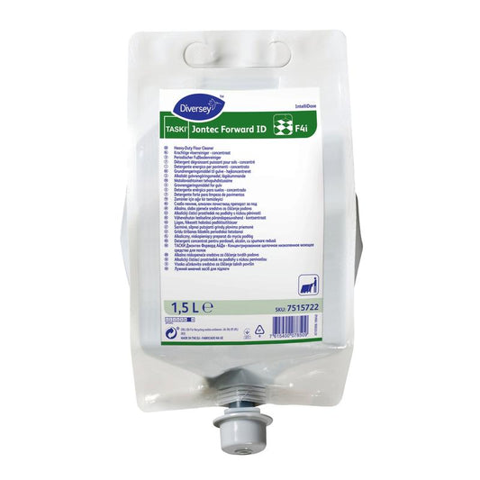 Ein 1,5-Liter-Plastikbeutel TASKI Jontec Forward Fußbodenreiniger Hochkonzentrat von Diversey Deutschland GmbH & Co. OHG mit Ausguss am Boden und weißem Etikett mit Produktdetails und Gebrauchsanweisungen für mehr Komfort.