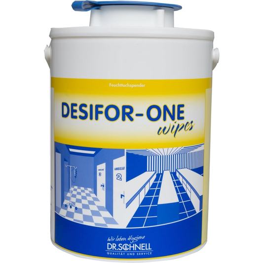 Ein Behälter mit Dr. Schnell DESIFOR-ONE WIPES Eimer mit Deckel (1 Stück) von DR.SCHNELL GmbH & Co. KGaA, geeignet für Vliestücher und ideal für die Schnelldesinfektion in medizinischen Einrichtungen.