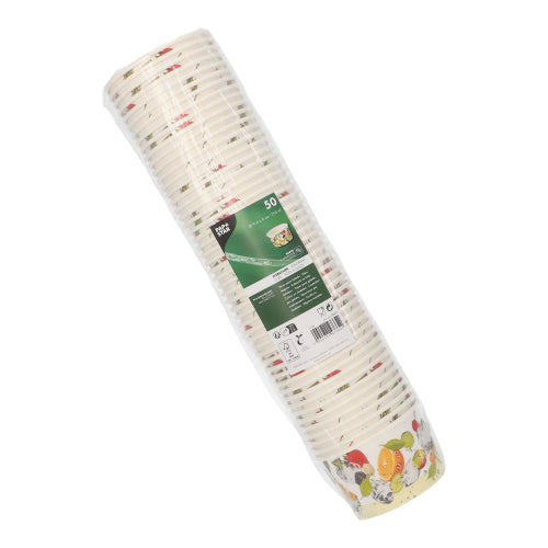 Die versiegelte Packung PAPSTAR 50 Eisbecher, Pappe rund der PAPSTAR GmbH mit Obst- und Gemüsemotiv eignet sich ideal zum Servieren von Eis. Das grüne Produktetikett ist auf der Verpackung gut sichtbar.