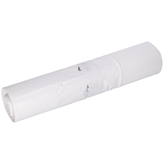 Ein aufgerollter EMIL DEISS KG Müllbeutel (DEISS 96030 - 400+200x700x0,035 mm weiß, Rolle mit 50 Stück) ist mit durchsichtigem Klebeband und einem kleinen Metallschlüsselring vor einem schlichten weißen Hintergrund befestigt.