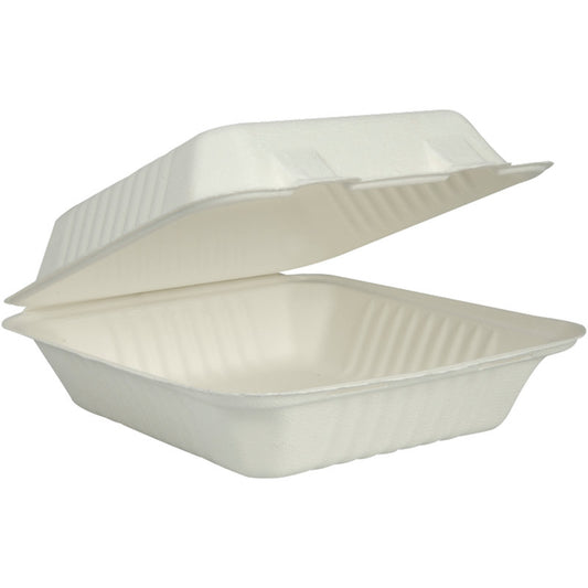 Die MenüBox aus Bagasse (weiß, 22,3x20,1x7,7 cm) von Abena Re-Seller GmbH ist eine umweltfreundliche Einwegbox mit Klappdeckel - ideal für nachhaltiges Takeaway. Die Packung enthält 50 Stück.