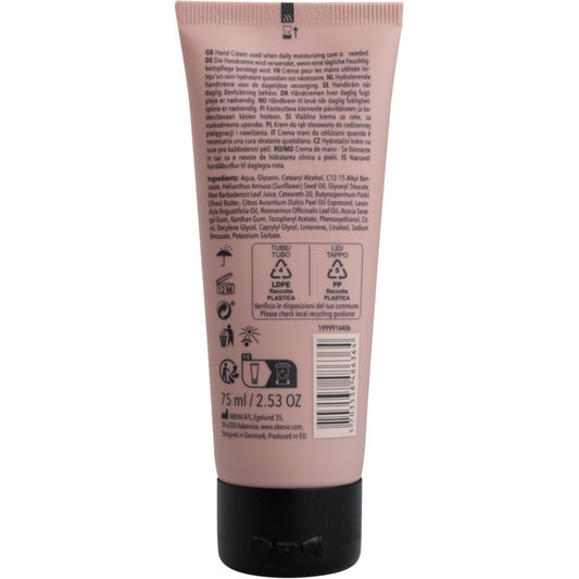 Eine rosafarbene 75-ml-Tube ENA Living Handcreme der Abena Re-Seller GmbH für trockene Hände, abgebildet von der Rückseite mit Produktinformation, Inhaltsstoffen, Barcode, Recycling-Symbolen und Hinweisen in schwarzer Schrift. Auch als Karton erhältlich (18 Packungen).