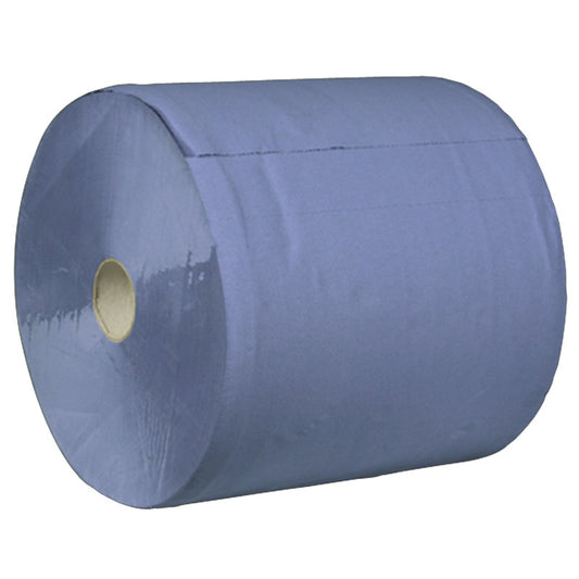 Eine große blaue Abena Re-Seller GmbH Werkstattrolle, 3-lagig (35,7 cm x 345 m), mit einem Pappkern, ist auf der Seite liegend vor einem einfarbig weißen Hintergrund abgebildet.