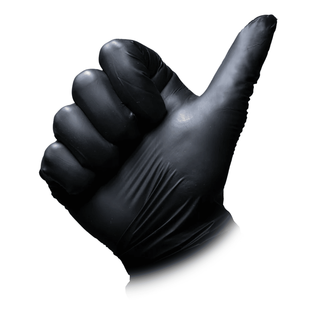 A hand wearing an AMPri MED-COMFORT BLACK Vitril glove (powder-free, black) from AMPri Handelsgesellschaft mbH gives a thumbs-up against a white background.