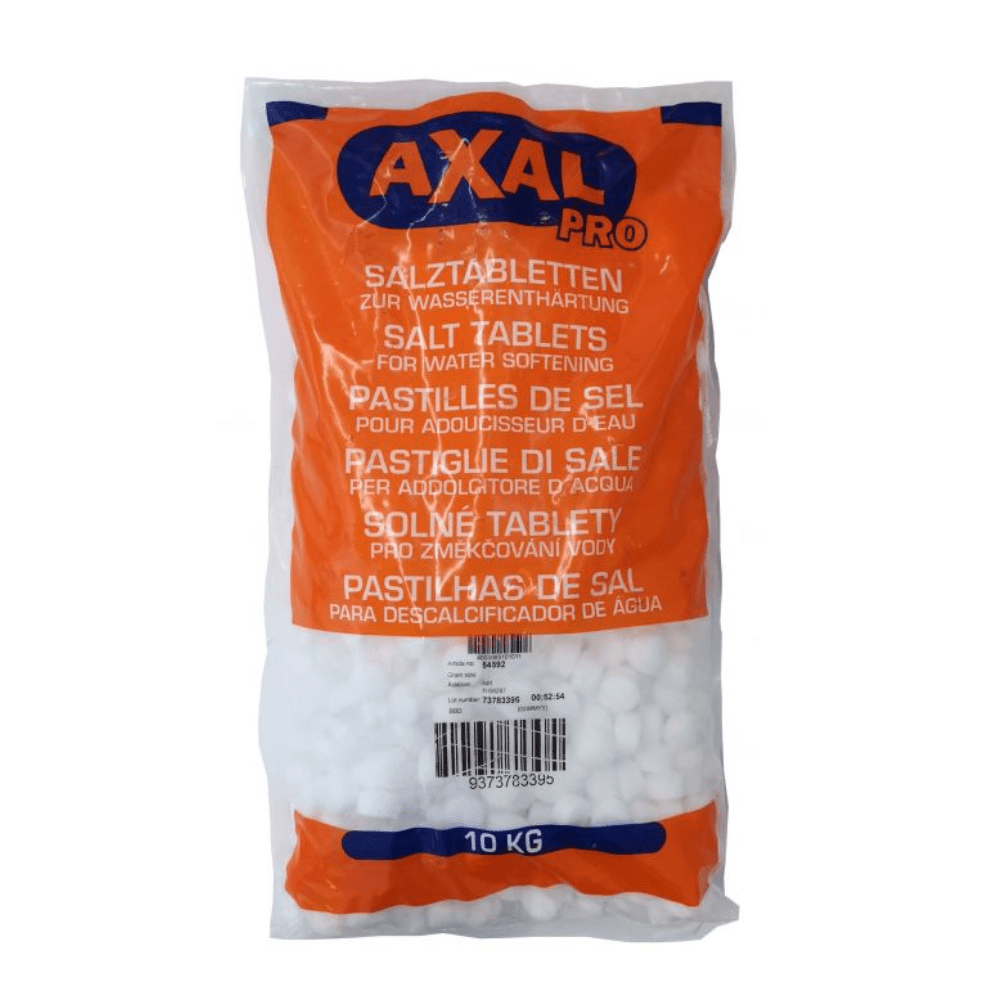 A 10-kg bag of AXAL PRO TABS regeneration salt—a special salt for water softening from K+S Minerals and Agriculture GmbH. The packaging is primarily orange and white, with text in several languages, including English, German, and French. The barcode is clearly visible at the bottom center of the bag.