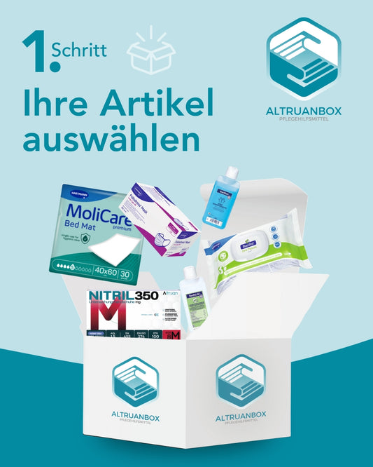 Grafik: Schritt 1 – Ihre Artikel auswählen. Geöffnete ALTRUANBOX mit Pflegehilfsmitteln (MoliCare Bed Mat, Nitril-Einmalhandschuhe, Feuchttücher, Desinfektions-/Hautschutzmittel); AltruanBox-Logo oben rechts.