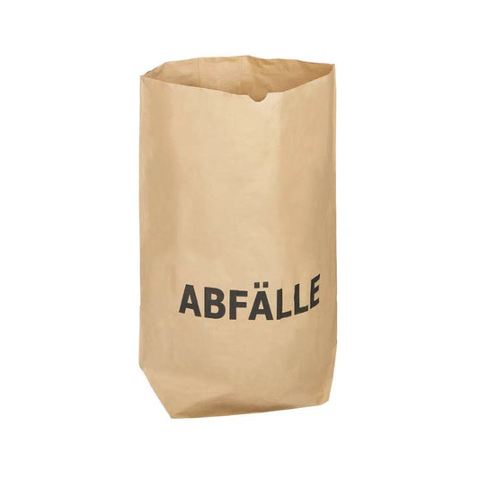 Ein langlebiger und umweltfreundlicher DEISS-Papiersack mit dem auffälligen Aufdruck „ABFÄLLE“ steht aufrecht vor einem schlichten weißen Hintergrund. Dieser kompostierbare Sack der EMIL DEISS KG (GmbH + Co.) ist speziell für Abfälle konzipiert.