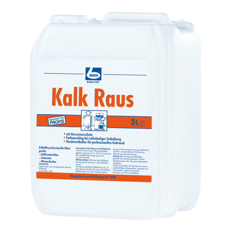 A white plastic pitcher with the inscription “Dr. Becher "Kalk Raus Descaler for Kitchen Appliances" contains 5 liters of a professional descaler with blue and orange branding and illustrations showing instructions for use.