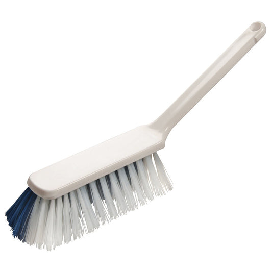 Der HANDBESEN von Haug Bürsten KG hat einen weißen Griff und lange, gerade, weiße und blaue PBT ungeschlitzte Borsten (ø 0,50/0,25mm) mit den Maßen 310x40x45/50mm, abgebildet auf einem schlichten weißen Hintergrund.