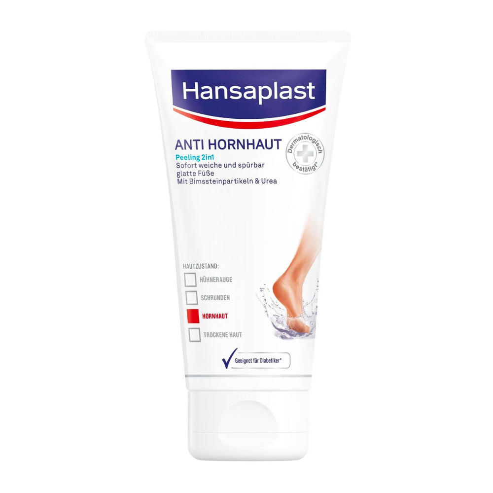 A white tube with the discontinued product from Beiersdorf AG: Hansaplast Anti Callus Peeling 2in1 (75ml) stands upright. The predominantly white label with blue and red accents shows bare feet, water splashes, and the text "Foot Care".