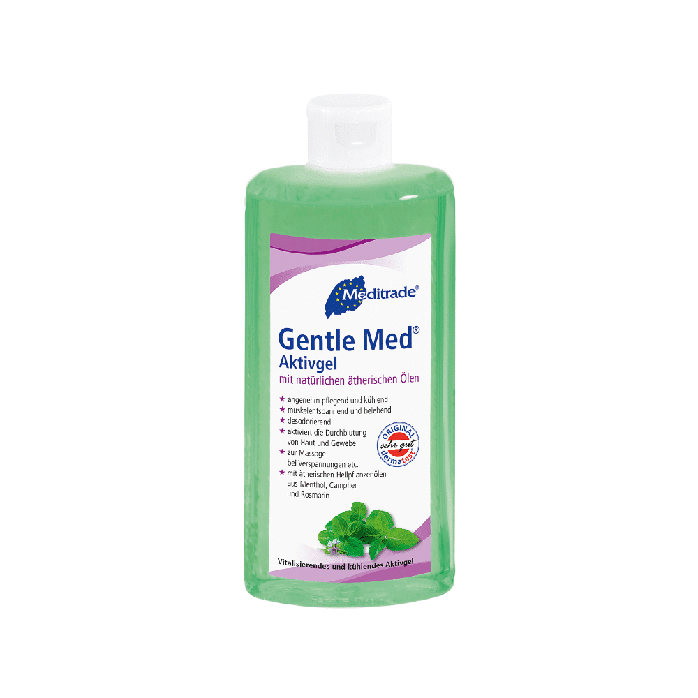 A 500-ml bottle of Meditrade Gentle Med® Active Gel by Meditrade GmbH, containing a cooling green gel enriched with natural essential oils such as menthol and rosemary. The German label is complemented by a white flip-top cap.