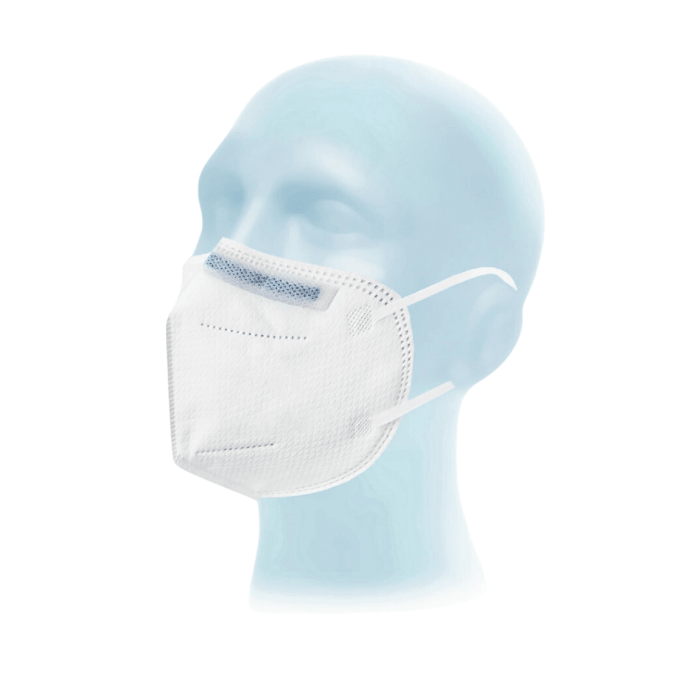The image shows a light blue mannequin head wearing a white Meditrade Respima FFP2 NR respirator mask | Pack of 20 from Meditrade GmbH, featuring ear loops and a blue nose clip, on a white background.