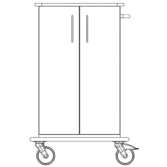 Vorderansicht Strichzeichnung eines Novocal Pflege- und Arbeitswagen Fahrgestells mit zwei Türen, rechtsseitigem Griff und vier Rädern Marke: Novocal. Verpackung: 1 Stück. Hergestellt aus durchgehendem Vollkunststoff.