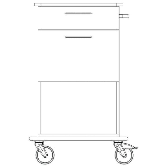 Strichzeichnung eines Novocal Pflege- und Arbeitswagen Fahrgestells von Novocal, mit zwei Griffen, zwei sichtbaren Schubladen und vier Lenkrollen. Das Fahrgestell aus Vollkunststoffplatte ist von vorne mit minimalistischen Details dargestellt.