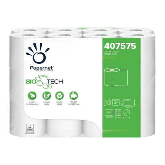 Eine Packung mit 24 Papernet 407575 Toilettenpapierrollen mit Bio Tech von Sofidel Germany GmbH bietet ein umweltfreundliches Design und Keimreduzierung. Jede Rolle misst 18 cm x 20 m und verfügt über die Biologic-Active-Tissue-Paper-Technologie für ein nachhaltiges Erlebnis.