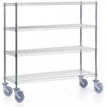 Der Novocal Regalwagen aus Präzisionsstahl, vernickelt und hochglanzverchromt, mit 4 Eckpfosten und 4 Ablagen ist ideal für Lagerung und flexiblen Transport von Waren. Packung: 1 Stück.