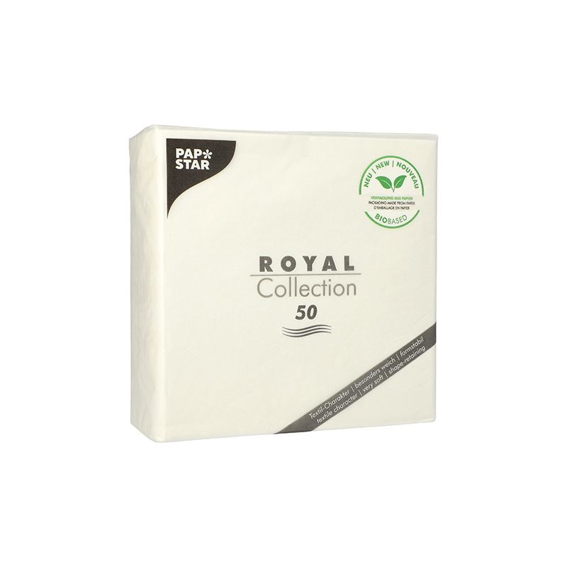 One package PAPSTAR "ROYAL Collection" napkins, 1/4-fold, come in a pack of 50 and are ideal for your table setting. The packaging features an eco-friendly label with a leaf design that indicates the napkins are 100% compostable. These white napkins, manufactured by the PAPSTAR GmbH, feature simple and elegant branding.