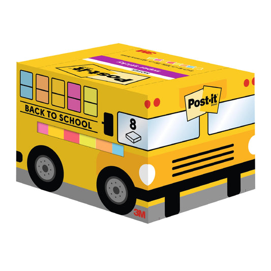 Eine Packung 3M Post-it® Super Sticky Notes in Form eines Schulbusses (63,5 x 76 mm, 90 Blatt/Block, 8 Blöcke, PEFC-zertifiziert) in verschiedenen Farben, mit dem Text "BACK TO SCHOOL" und einem lustigen Design. Von 3M Deutschland GmbH.