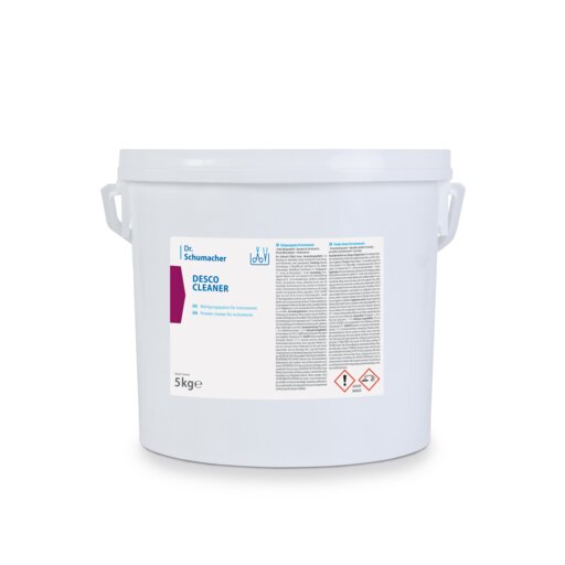 Ein weißer Kunststoffbehälter mit zwei Griffen, beschriftet mit "Dr. Schumacher DESCO CLEANER" der Dr. Schumacher GmbH, ist ein Oberflächenreiniger, der auf dem Frontetikett Anweisungen, Warnhinweise und Gefahrensymbole enthält und streifenfreie Ergebnisse verspricht.
