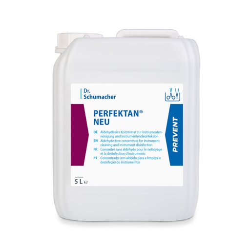 Weißer 5-Liter-Kunststoffbehälter "Dr. Schumacher PERFEKTAN® NEU" der Dr. Schumacher GmbH mit mehrsprachigem Text, blauem Etikett und weißem Schraubverschluss - ideal für hygienische Umgebungen und effektive Flächendesinfektion.