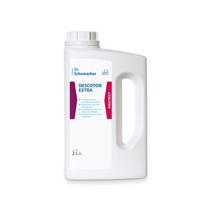 A white 2-liter plastic container with a screw cap and handle, labeled with "Dr. Schumacher DESCOTON EXTRA disinfectant" by Dr. Schumacher GmbH, shows blue and red product information on a white background.
